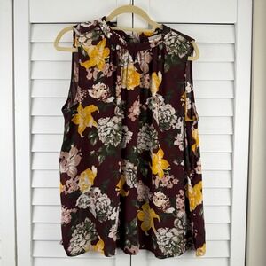 LOFT Top XL Burgundy Floral Sleeveless Tie Neck Blouse
